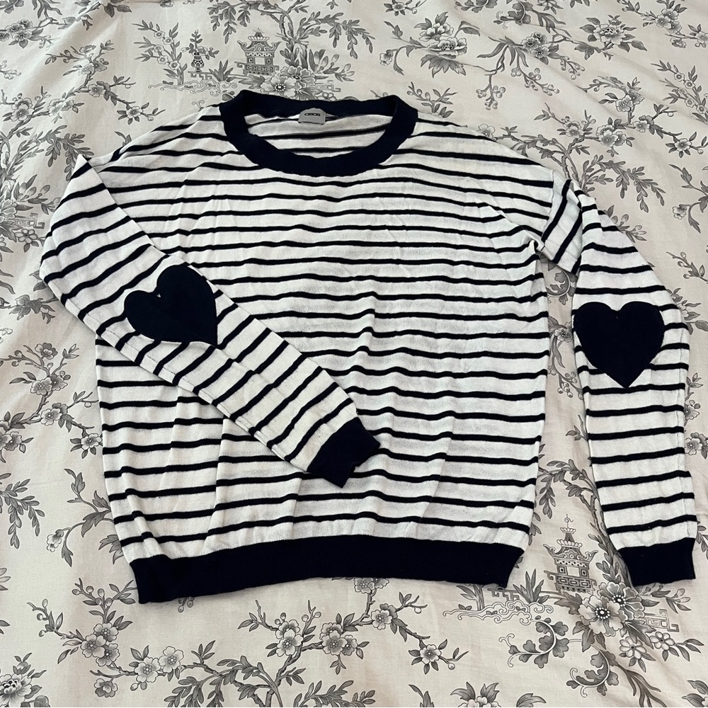 ASOS Striped navy and White Sweater with Heart Elbow Patches